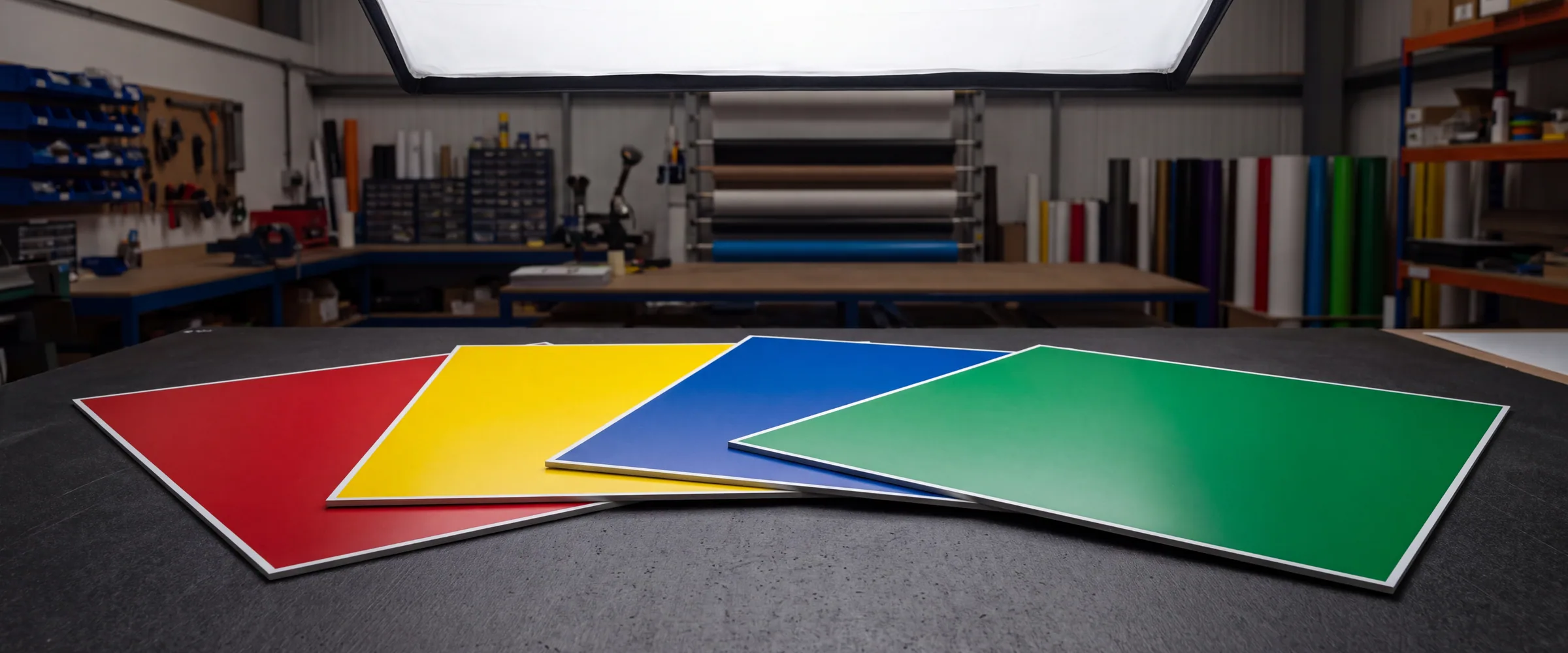 Safety red, yellow, blue and green sign blanks fanned out