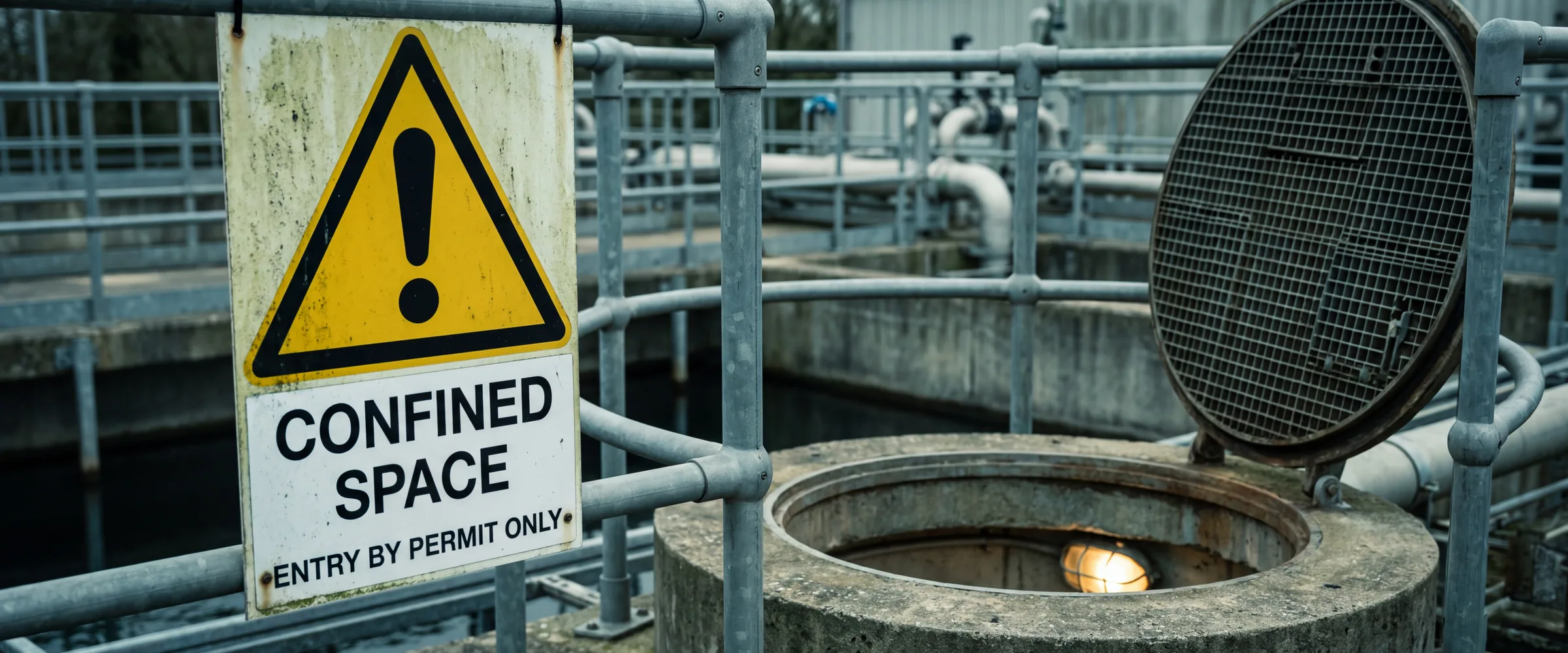 A confined space entry permit sign beside an open access chamber