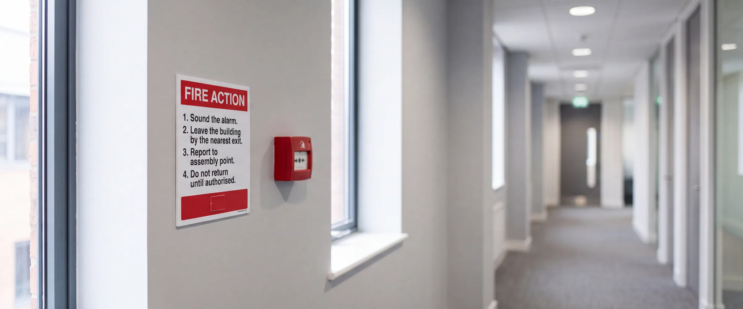 A fire action notice mounted beside a call point in a UK office corridor