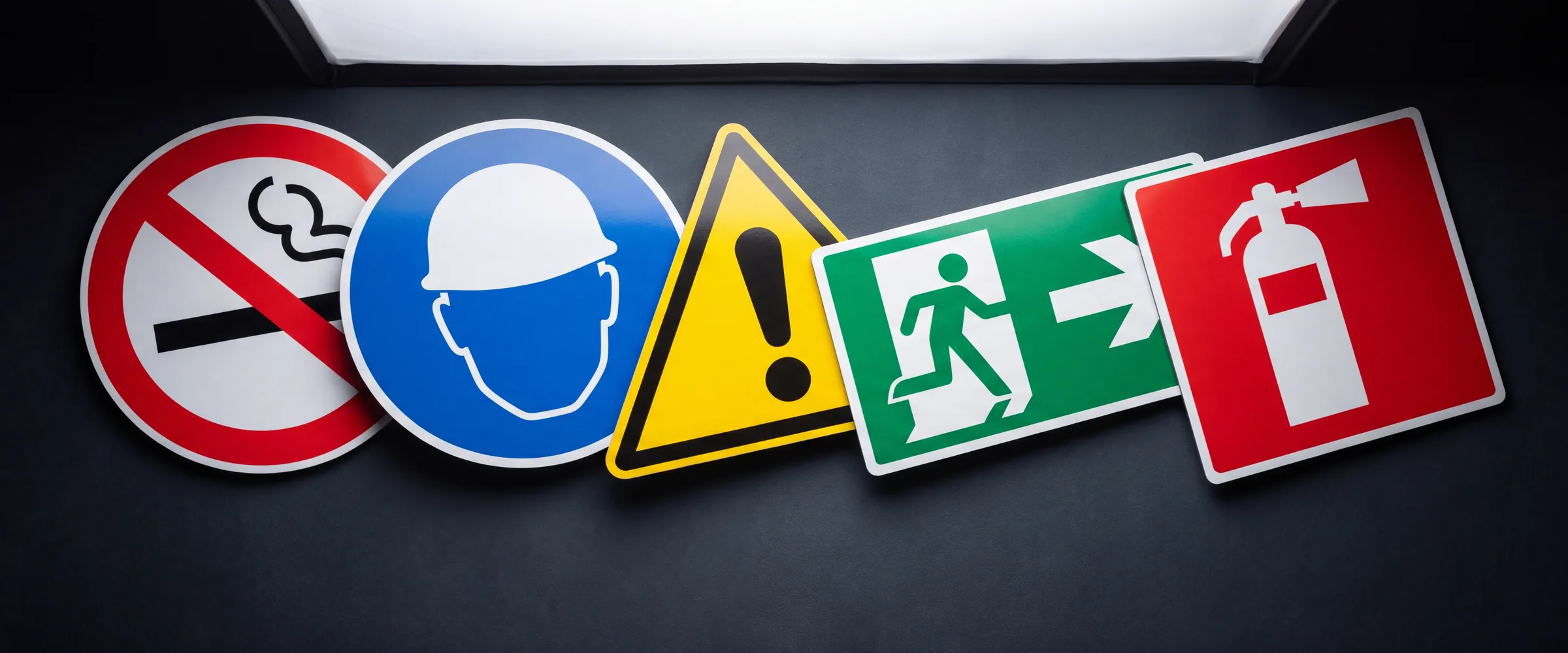 BS EN ISO 7010 safety signs laid out in a row