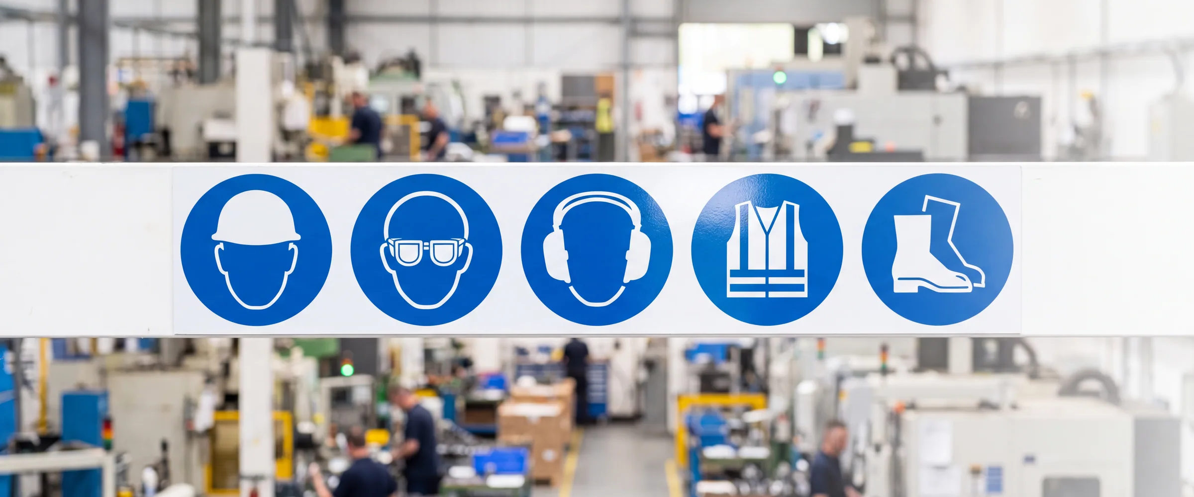 A row of blue circular mandatory PPE signs at a factory entrance