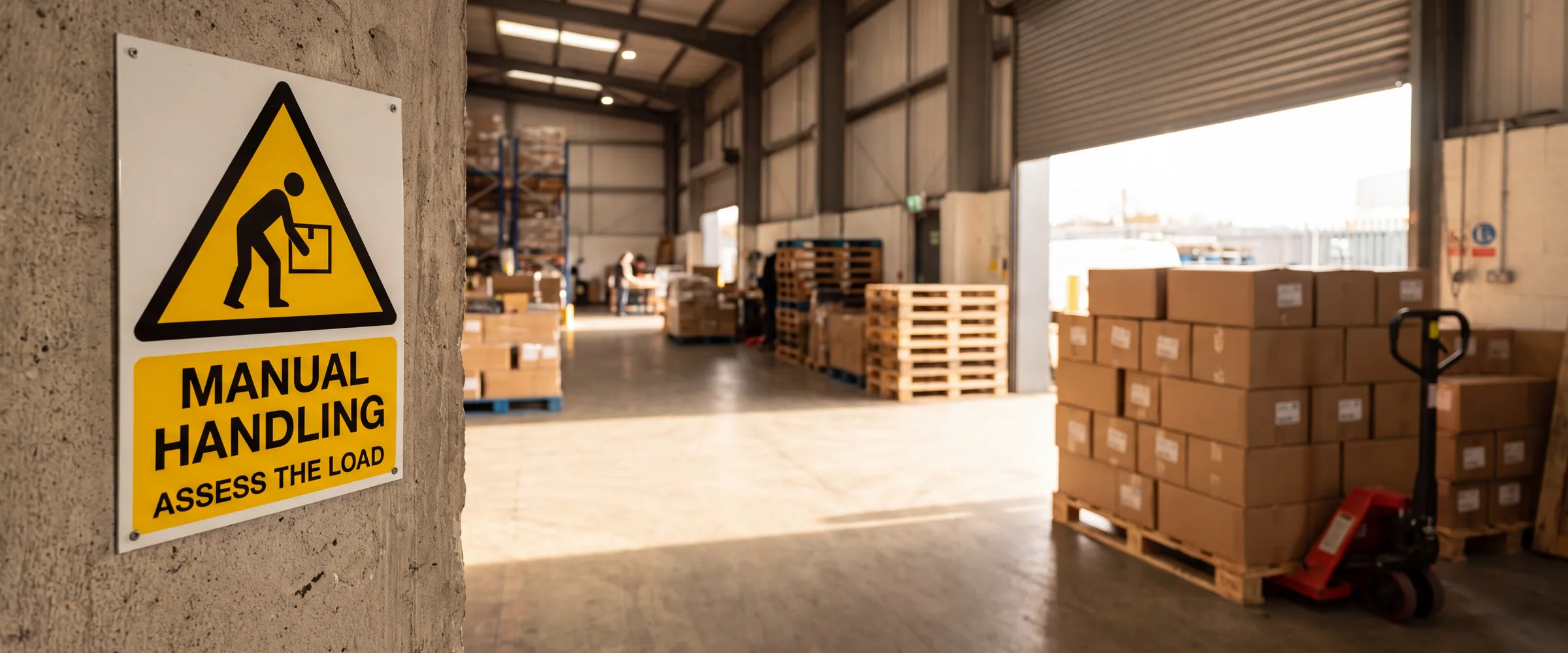 A manual handling warning sign in a warehouse goods in area