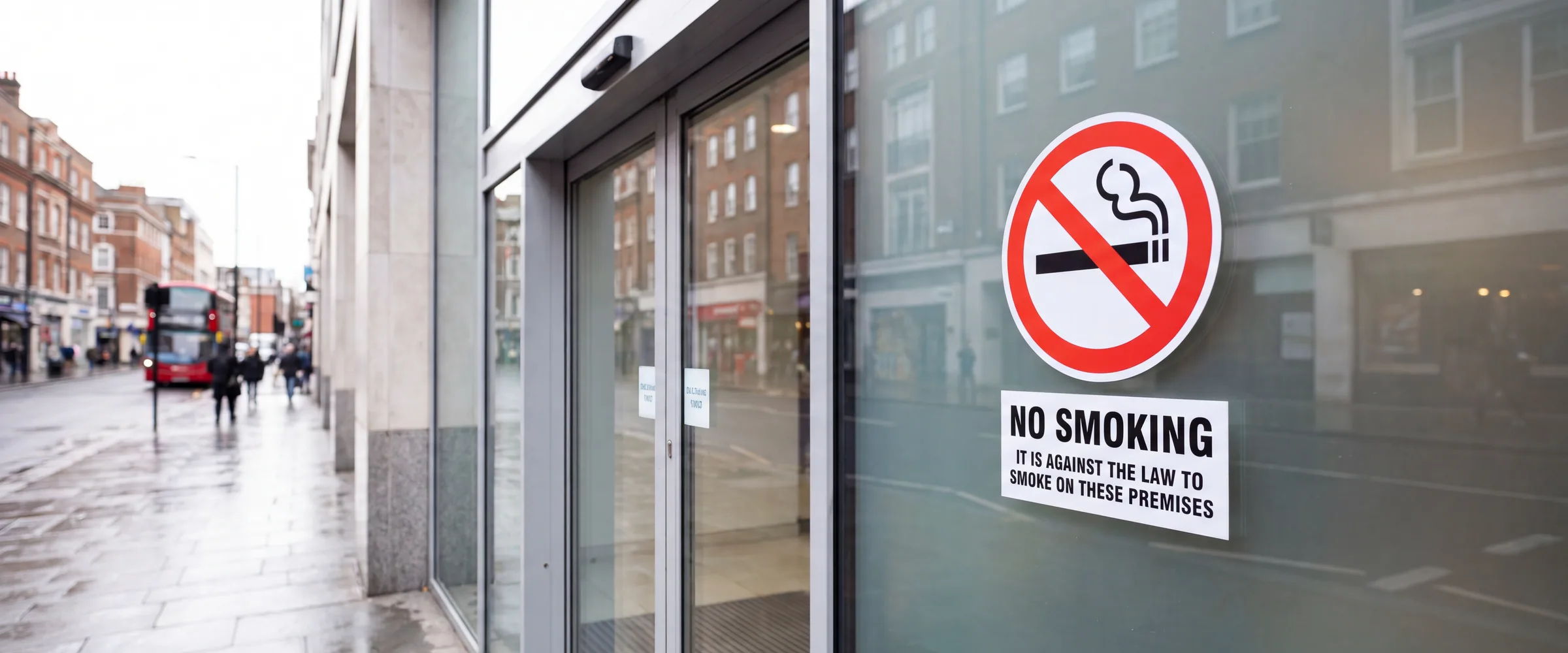 A no smoking sign on the glass at a UK building entrance