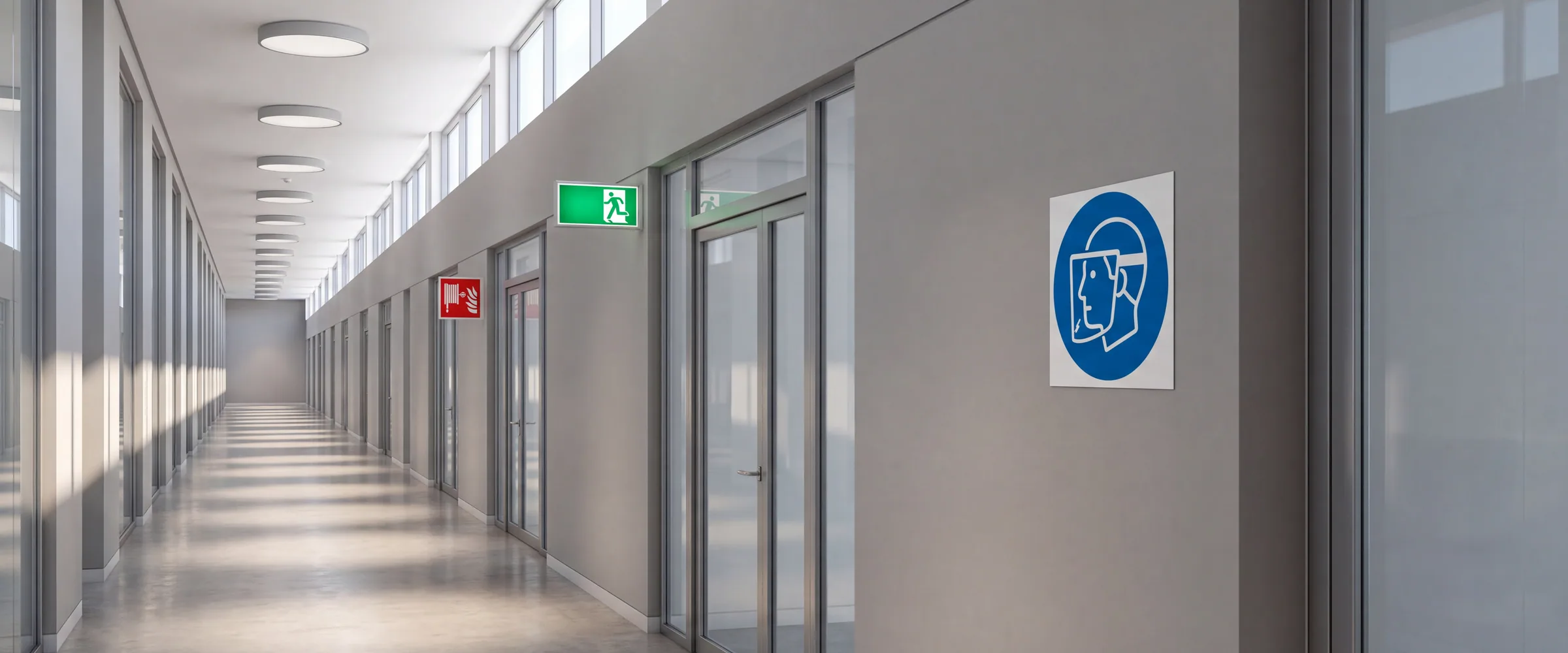 Safety signage mounted at consistent height along a building corridor