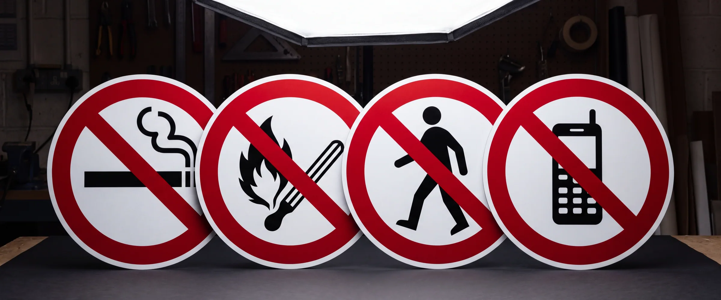 A row of red circle prohibition signs