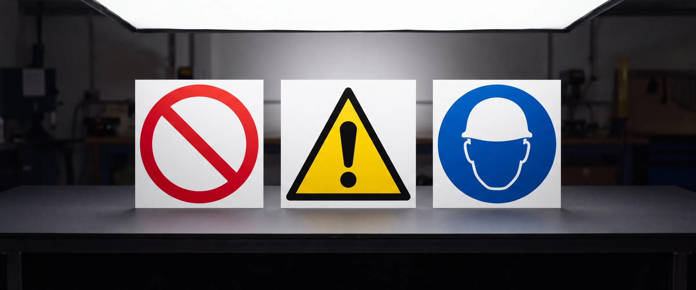A red circle, yellow triangle and blue circle safety sign shown together