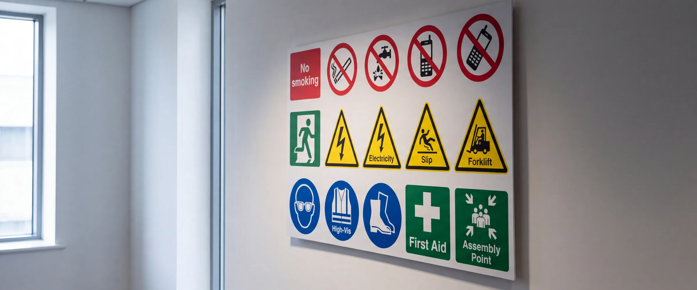 A wall panel displaying a grid of BS EN ISO 7010 safety signs