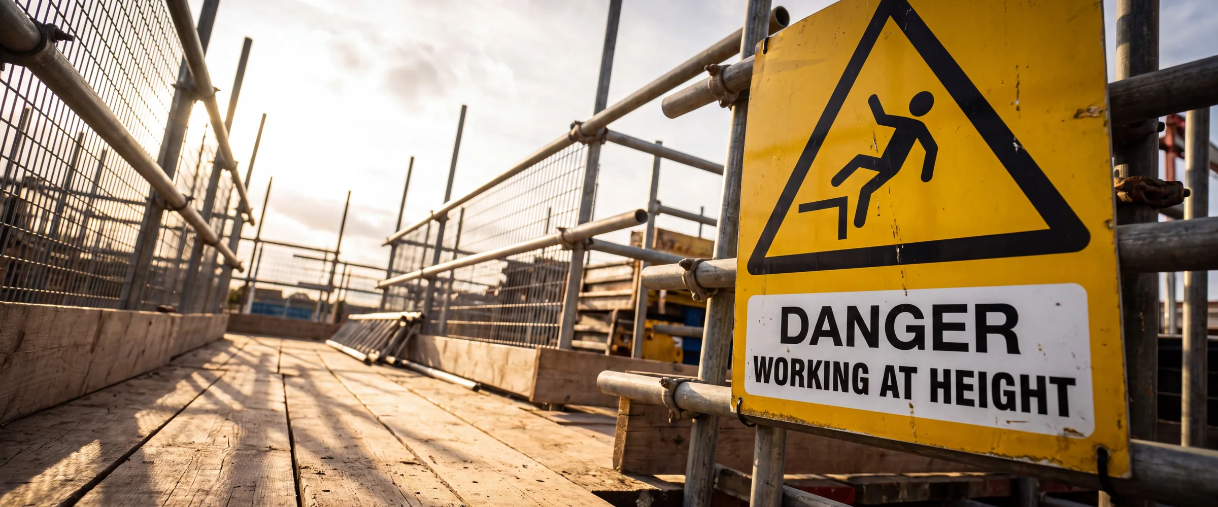 A working at height danger sign on scaffolding at a UK site