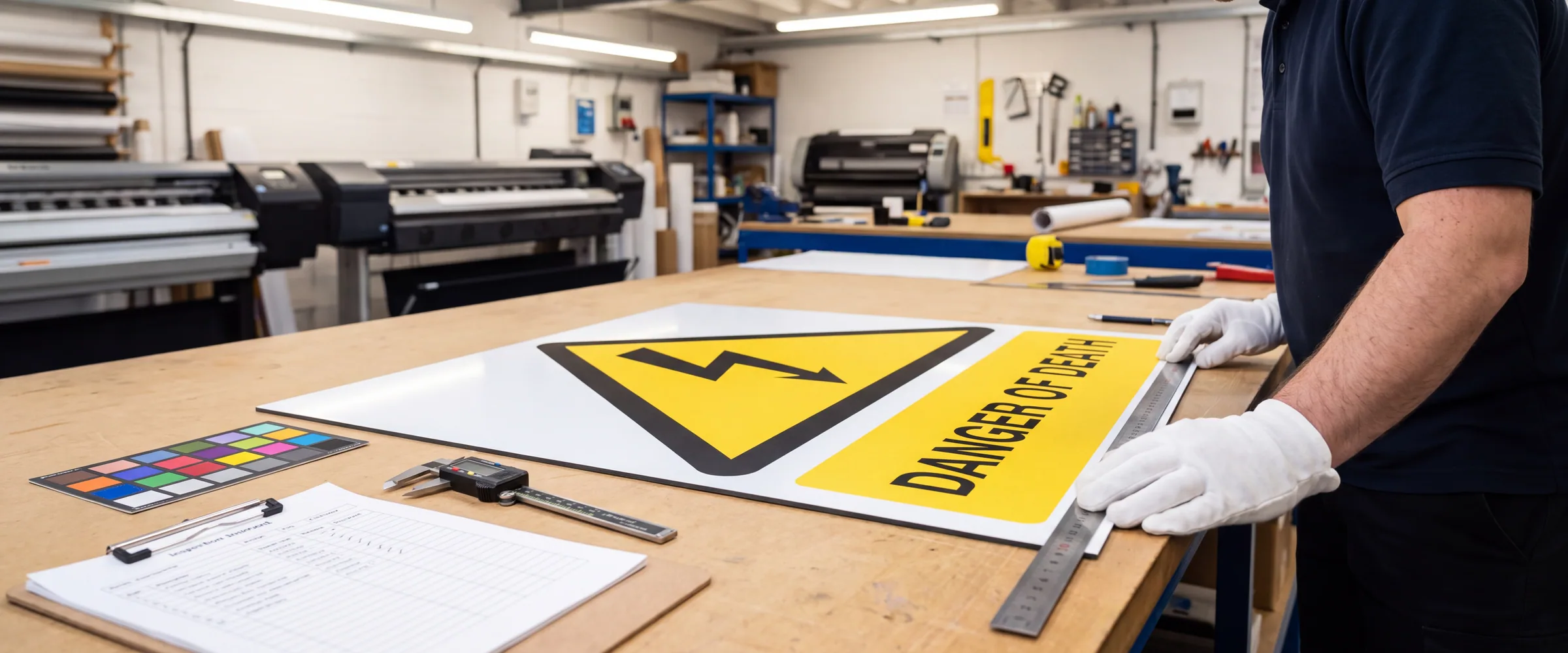 A finished sign being dimension checked at the Direct Signs inspection bench