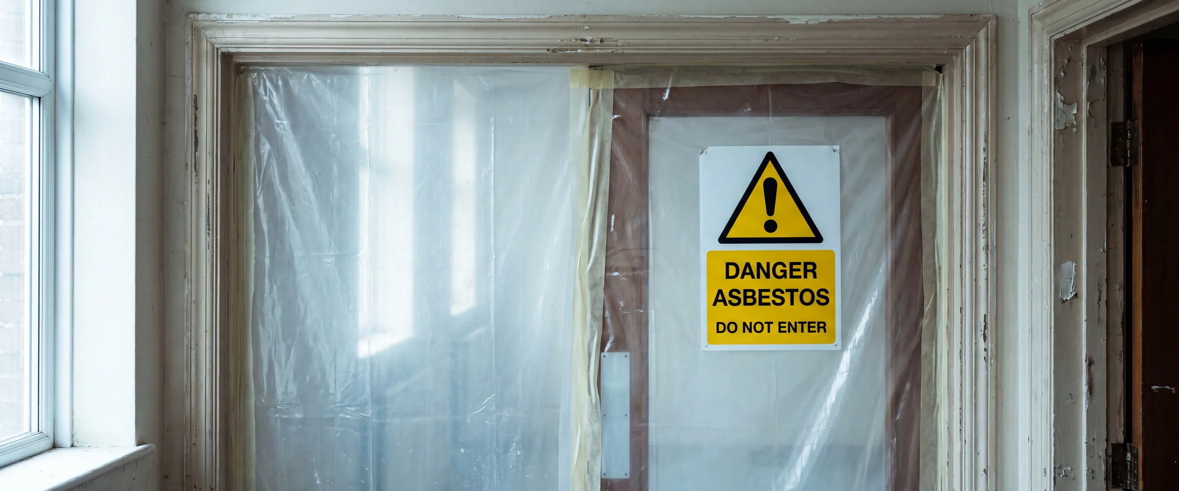 An asbestos danger sign on a sealed doorway during refurbishment