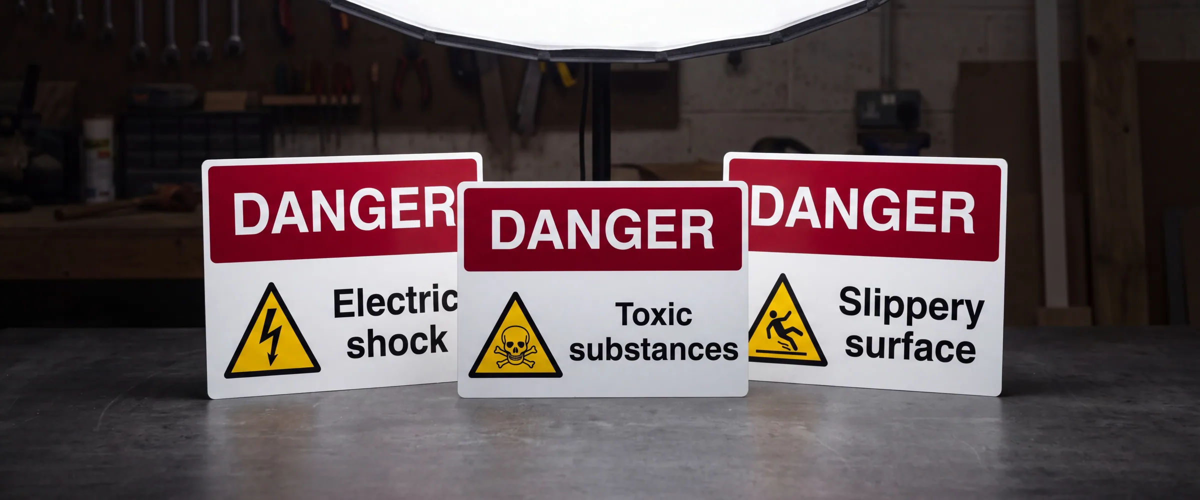 Rigid danger signs with red header bands