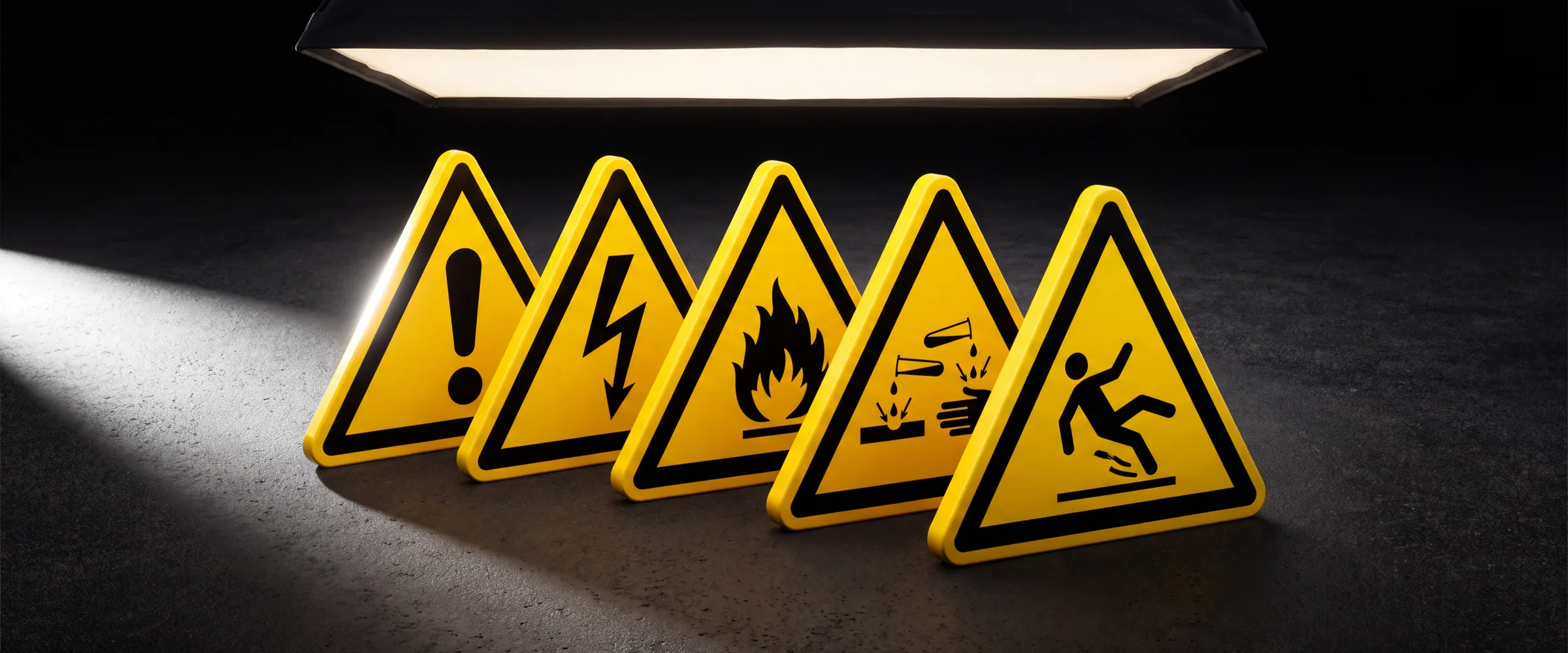 A row of yellow triangular hazard warning signs