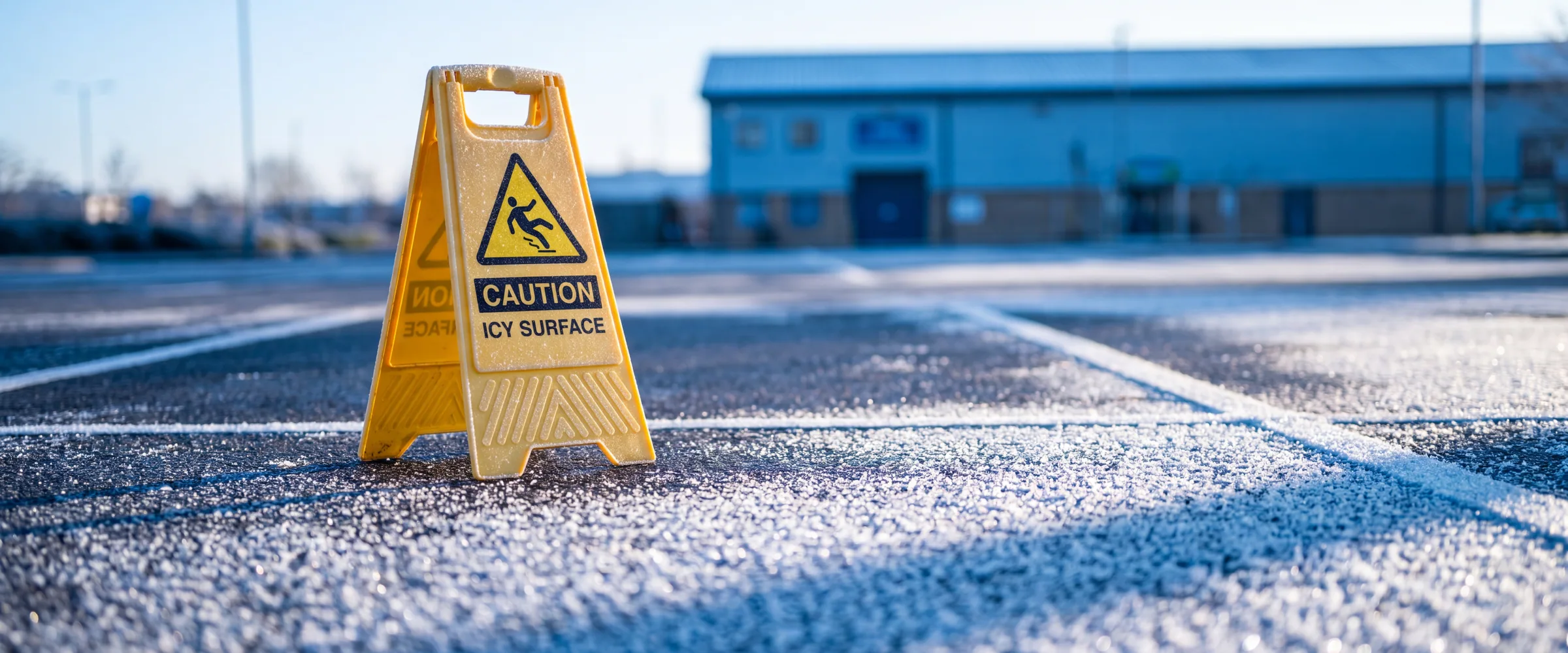 A caution icy surface A frame sign on frosted tarmac