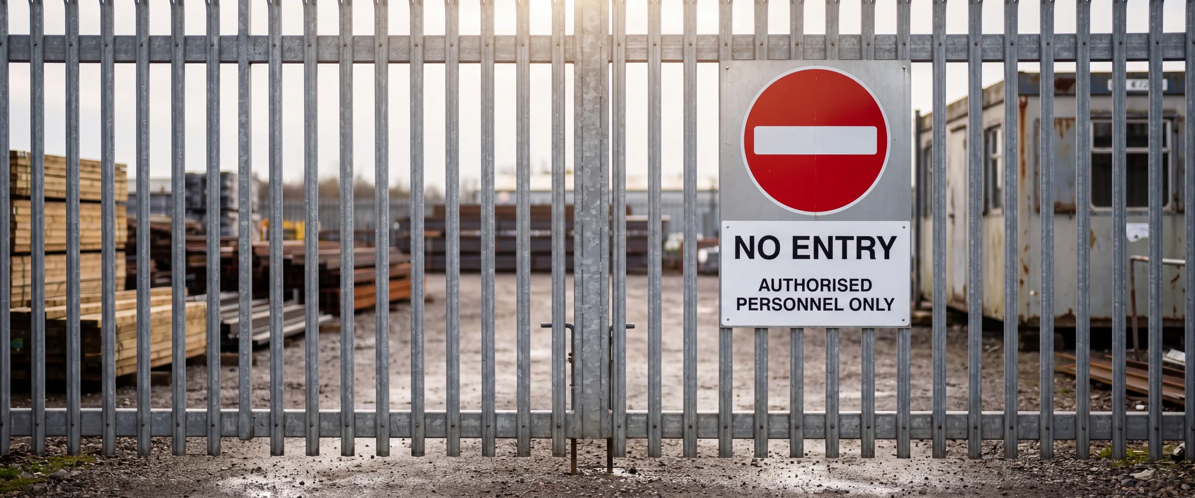 A no entry sign on a galvanised site gate