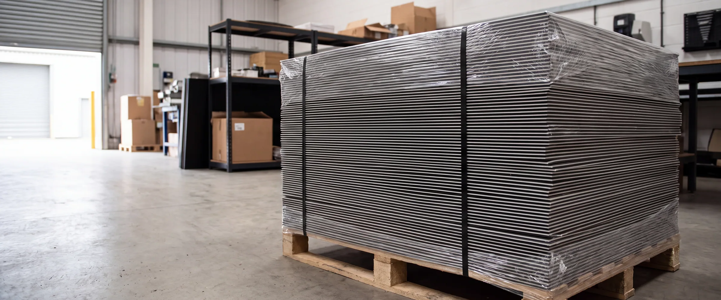 A banded pallet stack of safety signs ready for despatch