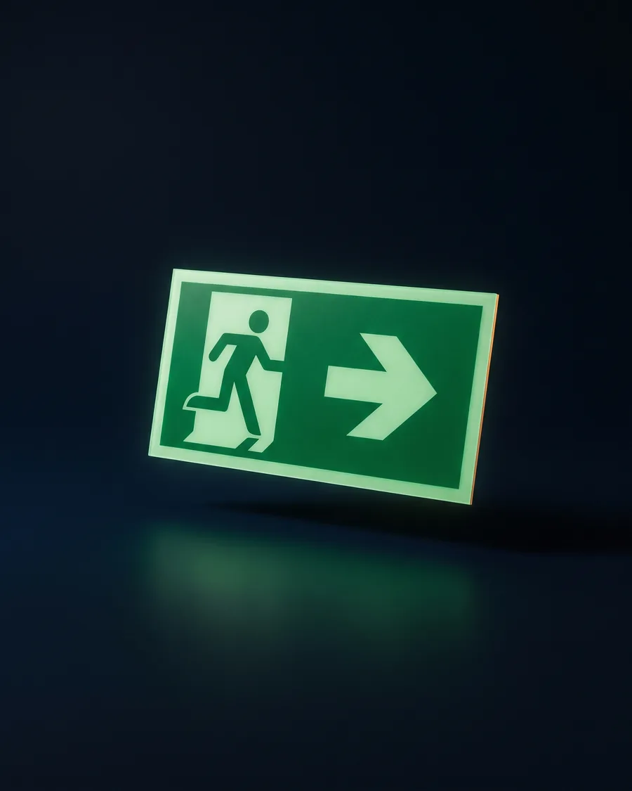 A photoluminescent green fire exit sign glowing in the dark