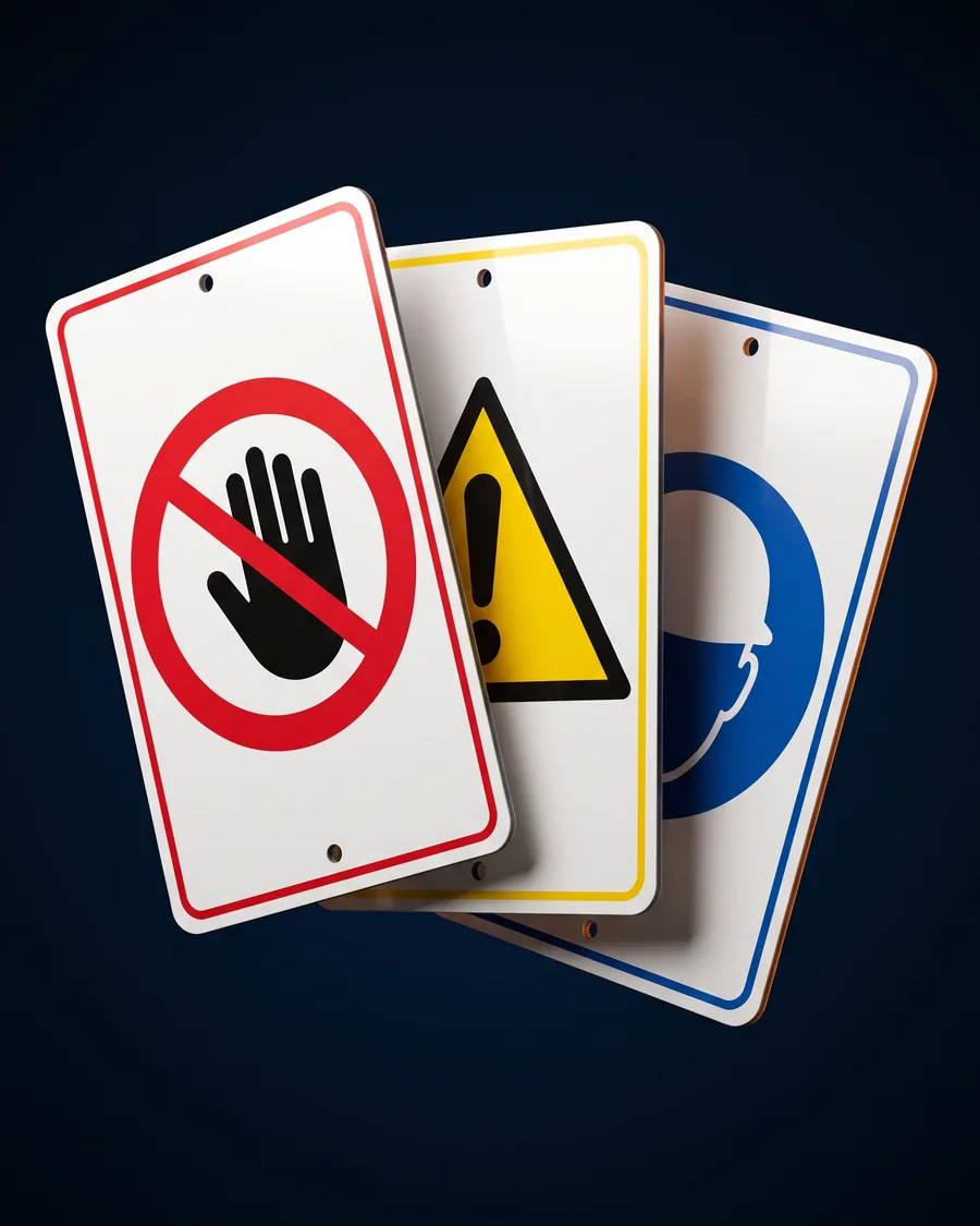 Three ISO 7010 safety sign panels: a red prohibition sign, a yellow warning triangle, and a blue mandatory hard hat sign