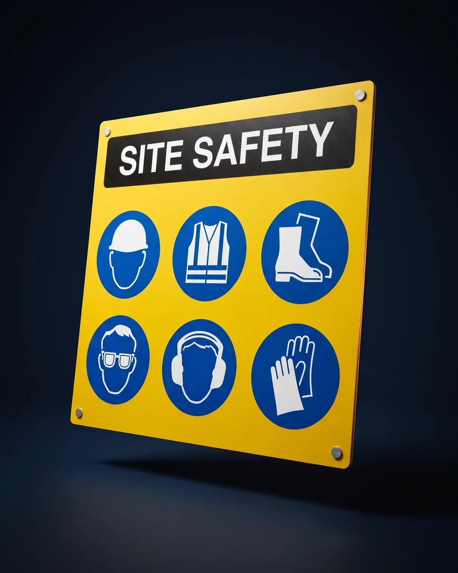 A yellow site safety board with six blue mandatory PPE pictograms