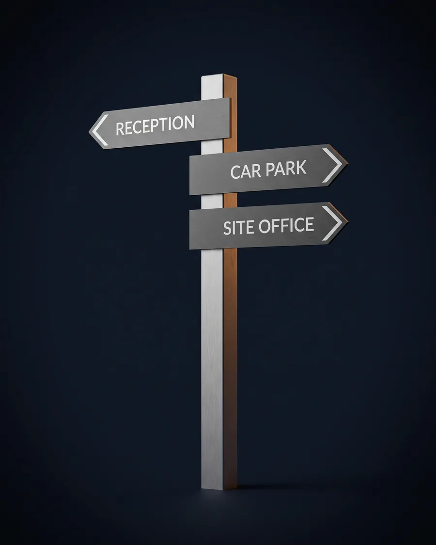 A brushed aluminium wayfinding fingerpost with three directional blades